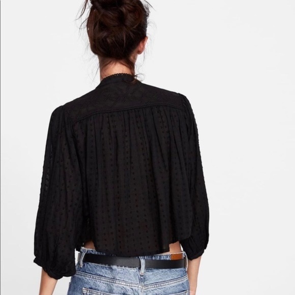 Zara Black Cropped Embroidered Swiss Dot 3/4 Sleeve Blouse Size L - Picture 4 of 17